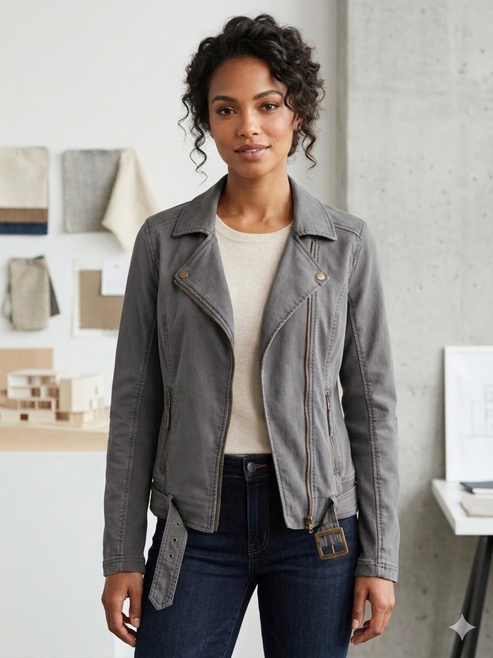 Marrakech Women's Gray Moto Motorcycle Jacket Zip Belted Zipped Pockets Sz M
